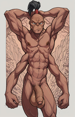 4_arms abstract_background balls black_eyes black_hair cliff dark_body dark_skin genitals hair male multi_arm multi_limb nipples penis plant ponytail solo tree elphkun goro_(mortal_kombat) humanoid shokan hi_res