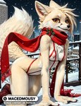 all_fours anthro breasts brown_eyes chest_tuft christmas_clothing clothing female fluffy fur looking_at_viewer nipples nude presenting raised_tail scarf seductive smile solo tan_body tan_fur tuft underwear white_body white_fur macedmousy canid canine canis fox mammal hi_res