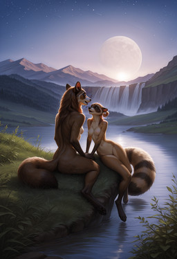 4_toes 5_fingers amazing_background anthro areola artois_posting_service black_nose black_pawpads breasts brown_body brown_fur brown_hair butt casual_nudity claws comfyui_(software) darkvaesdxl_whodimmedthelight_(vae) detailed_background digitigrade duo eye_contact eyes_closed feet female female/female fingers fluffy fluffy_tail full_moon fur gloves_(marking) grass hair hand_holding lake leg_markings light looking_at_another male markings moon mountain myslrvae_v10_(vae) nai-diffusion-furry-3_(model) nature navel night nipples novafurryxl_(model) nude open_mouth outside pawpads paws plant ponystandardvae_v10_(vae) realesrgan_x4plus_(upscaler) ring_(marking) ringtail romantic romantic_ambiance romantic_couple sitting sky small_breasts smile social_nudity star starry_sky striped_markings striped_tail stripes tail tail_markings tan_body tan_fur teeth toe_claws toes tree tuft water waterfall crashbandit canid canine mammal procyonid raccoon detailed digital_media_(artwork) hi_res prompt_metainfo