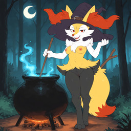 anthro black_body black_fur breasts cauldron clothing crescent_moon digitigrade ear_tuft eyelashes fangs female forest front_view fur genitals hat headgear headwear hip_tuft looking_at_viewer magic_user moon multicolored_body multicolored_fur navel night nipples nude open_mouth open_smile plant pussy red_eyes red_nose sharp_teeth shoulder_tuft smile solo standing stick teeth tree tuft white_body white_fur witch witch_hat witchcraft yellow_body yellow_fur promagentis nintendo pokemon braixen canid canine generation_6_pokemon mammal pokemon_(species) full-length_portrait hi_res portrait