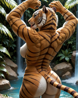 anthro back_muscles breasts bubble_butt butt depth_of_field detailed_background female flexing jungle light looking_at_viewer muscular nude outside realistic realistic_fur side_boob smile solo sunlight tail tongue tongue_out waterfall wide_hips 11-lambda felid mammal pantherine tiger hi_res
