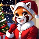 absurd_res ailurid anthro christmas_clothing christmas_headwear christmas_present christmas_tree clothing frosting.ai fur happy hat headgear headwear hi_res living_room looking_at_viewer male mammal mr_diddlez orange_body orange_fur plant red_panda rosso_(mr_diddlez) santa_hat snow snow_on_ground solo tree window