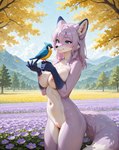 anthro big_breasts blue_eyes breasts female field flower fur genitals hair mountains navel nipples nude plant purple_body purple_flowers purple_fur purple_hair pussy side_view solo majorrenegade avian bird canid canine fox mammal detailed hi_res