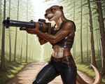 abs anthro armor athletic bottomwear breasts clothing female forest gun holding_object holding_weapon pants plant ranged_weapon small_breasts solo tree weapon ivorymane lutrine mammal mustelid river_otter watermark