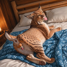 4_toes 5_toes anatomically_correct anatomically_correct_genitalia anatomically_correct_penis animal_genitalia animal_penis anus balls bed bed_sheet bedding blanket bodily_fluids butt butt_focus cabin darkened_anus dewclaw dripping dutch_angle feet feline_balls feline_penis feline_sheath feral furniture genital_fluids genitals lamp lantern looking_at_viewer looking_back looking_back_at_viewer lying male motion_lines no_sclera object_in_mouth on_front pawpads paws penis penis_tip pillow pink_nose pink_pawpads precum precum_drip presenting presenting_anus presenting_balls presenting_hindquarters presenting_penis presenting_sheath raised_tail sheath solo tail_motion tailwag toes unused_condom whiskers wood drla felid feline lynx mammal absurd_res hi_res