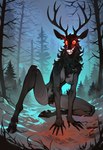 2024 anthro antlers black_body black_fur breasts chest_tuft crotch_tuft dark_body dark_nipples deer_ears digitigrade elbow_tuft eyelashes female fog forest fur genitals glowing glowing_eyes grey_body grey_fur grin grinning_at_viewer hooves horn kneeling kneeling_on_ground kneeling_position long_legs looking_at_viewer medium_breasts multicolored_body multicolored_fur mythology neck_tuft nipples nude nude_female on_ground outdoors outside plant pubes pussy red_eyes sharp_teeth shoulder_tuft skinny smile smiling_at_viewer solo spread_legs spreading teeth tree tuft two_tone_body two_tone_fur wide_eyed yellow_sclera director_joe420 monster wendigo absurd_res full-length_portrait hi_res portrait