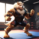 anthro bulge chest_tuft clothing gym gym_clothing male solo topwear tuft wrestler wrestling_singlet pup_tobey nintendo pokemon arcanine canid canine generation_1_pokemon mammal pokemon_(species) absurd_res hi_res