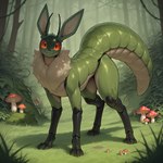 ambiguous_gender antennae_(anatomy) arthropod_abdomen fangs feral forest green_body looking_at_viewer neck_tuft plant smile solo standing tree tuft nonimousmate arthropod eeveelution hybrid insect pokemon_(species) hi_res