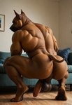 anthro anus backsack balls big_penis butt crouching furniture genitals glans humanoid_genitalia humanoid_penis inside looking_at_viewer looking_back looking_back_at_viewer male muscular muscular_male nipples nude penis perineum rear_view sofa solo carnivalecloudmuncher canid canine canis domestic_dog mammal pit_bull hi_res