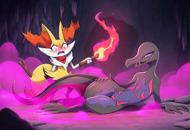 anthro aphrodisiac ascot black_body black_scales cave clothing female female/female feral fog fur pheromones scales torch yellow_body yellow_fur stressedout nintendo pokemon braixen canid canine fox generation_6_pokemon generation_7_pokemon lizard mammal pokemon_(species) reptile salazzle scalie