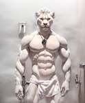 abs absurd_res anthro areola bulge bumblebee95 clothed clothing detailed detailed_fur felid hi_res lion looking_at_viewer male mammal muscular nipples pantherine pecs realistic solo standing topless towel vein wet wet_body