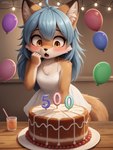 anthro balloon beverage blue_hair blush brown_eyes cake canid canine clothing container cup cute_fangs dessert director_myrlonel dress fangs female food fox fur hair hi_res inflatable inside lightbulb looking_down mammal open_mouth orange_body orange_fur solo surprised_expression tongue white_clothing white_dress wide_open_mouth