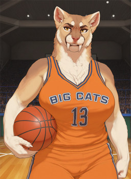 audience ball basketball basketball_uniform big_breasts bottomwear breasts camel_toe claws clothed clothing fangs female fur group holding_object inner_ear_fluff inside jersey looking_at_viewer markings multicolored_body multicolored_fur muscular muscular_female number number_on_clothing pink_nose print_clothing sabertooth_(anatomy) shirt shorts smile solo_focus sportswear standing tan_body tan_fur tank_top teeth text text_on_clothing text_on_shirt text_on_tank_top text_on_topwear topwear tuft uniform white_body white_fur yellow_eyes otteranon cougar felid feline mammal english_text hi_res
