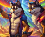 abs amber_eyes anthro canid canine canis clothing duo fireworks hi_res kemowolf male mammal navel nipples outdoors pecs sibling smile topwear twins vest wolf wristband