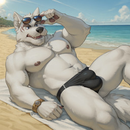 anthro beach beach_background beach_towel bulge clock clothing eyewear eyewear_on_head frown fur lying male on_back sea seaside sheath_bulge solo speedo speedo_only sunglasses sunglasses_on_head sunny swimwear towel video_games visual_novel watch water white_body white_fur vp283 demons_within_(visual_novel) garret_(demons_within) canid canine canis mammal wolf hi_res