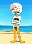 anatid annoyed anseriform anthro arms_crossed avian beach beak bird black_eyes clothing cloud9999 disney duck ducktales ducktales_(2017) eyeliner female flat_chested frown full-length_portrait furrowed_brow gris_swimsuit hair hi_res highlights_(coloring) lena_(ducktales) looking_aside makeup membrane_(anatomy) orange_legs portrait seaside short_hair simple_background solo tight_clothing tongue tongue_out translucent translucent_clothing webbed_feet white_body white_hair white_skin young