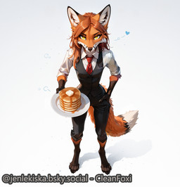 anthro black_clothing clothed clothing digitigrade feet female female_anthro food formal_wear fur hair heart_symbol looking_at_viewer markings necktie orange_body orange_fur pancake simple_background solo suit tail toes topwear white_body white_clothing white_fur yellow_eyes jenlekiska canid canine fox mammal hi_res