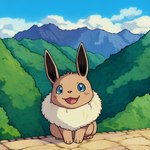 ambiguous_gender blue_eyes blush cloud eevee eevee_k feral forest generation_1_pokemon mountains neck_fluffy plant pokemon_(species) sky smile solo tree