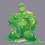 bodily_fluids cum food fruit genital_fluids genitals kneeling leaking_cum looking_at_viewer male melting multi_genitalia multi_penis muscular overweight overweight_male penis plant simple_background smile smirk smirking_at_viewer solo avocado goo_creature goo_humanoid humanoid