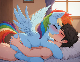 bed bed_sheet bedding bedroom bestiality blue_body blue_fur blush bodily_fluids brown_hair butt butt_grab chest_tuft door duo emanata eyes_closed feathered_wings feathers female female_on_top feral from_front_position fur furniture hair hand_on_butt human_on_feral inner_ear_fluff inside interspecies kissing lying lying_on_bed male male/female multicolored_hair multicolored_tail nudity on_back on_bed on_top pillow rainbow_hair rainbow_tail reverse_missionary_position sex shaking shivering side_view spread_wings sweat tuft window wings tyto4tme4l friendship_is_magic my_little_pony rainbow_dash_(mlp) equid equine horse human mammal pegasus pony hi_res
