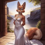 anthro breasts cleavage clothed clothing dress eyebrow_piercing facial_piercing female fluffy fluffy_tail fur green_eyes inner_ear_fluff jewelry looking_at_viewer necklace orange_body orange_fur outside piercing pink_nose smile solo sunset tuft wedding_dress white_clothing white_dress nsfjerk diane_foxington canid canine fox mammal absurd_res hi_res