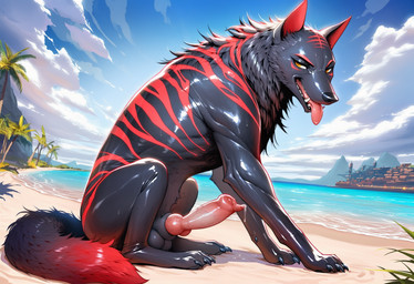 animal_genitalia animal_penis black_body black_fur canine_genitalia canine_penis erection feral fur genitals knot looking_at_viewer male male/male penis red_stripes sitting solo stripes teeth_showing tongue tongue_out yellow_eyes nullspark canid canine canis mammal wolf