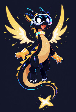 3_toes 4_fingers ambiguous_gender big_eyes black_body chibi claws clothing collar countershading cute_fangs dark_background dorsal_frill dot_eyes energy_wings feet feral fingers floating frill_(anatomy) gloves glowing handwear happy horn long_tail markings multicolored_body mythology open_mouth simple_background solo star_(marking) star_shaped_tail toes toony two_tone_body vr_headset white_claws white_eyes wings yellow_body yellow_clothing yellow_countershading yellow_gloves yellow_handwear yellow_inner_ear yiffymix_(model) chilon249 mascot_2025 dragon hybrid mythological_creature mythological_scalie scalie flat_colors full-length_portrait hi_res lineless portrait
