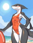 after_transformation anthro beach blush breasts camel_toe clothed clothing embarrassed female fin gills grey_eyes implied_transformation lifeguard one-piece_swimsuit sand sea seaside shark_fin shark_tail sharp_teeth sky small_breasts solo swimwear teeth water quicklime fish marine shark hi_res