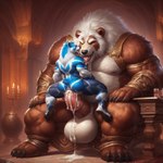 anthro armor balls barefoot big_chest blue_body blue_fur bodily_fluids broad_shoulders brown_body brown_fur brown_nipples chair_position claws cum cum_inside cum_on_balls cum_on_face cum_on_penis cum_overflow duo extreme_penetration eyebrows feet from_behind_position fur genital_fluids genitals hand_on_leg hand_on_thigh licking male male/male mammal mane musclegut muscular nipples penetration penis sex sitting_on_throne size_difference stretched_anus thick_arms thick_eyebrows thick_neck thick_thighs tongue tongue_out ursid vambraces white_eyebrows white_mane zeid zeid_(director)