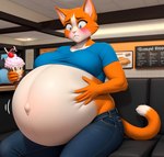 anthro belly belly_inflation big_belly blue_clothing blue_eyes blue_shirt blue_topwear blush bottomwear breasts clothed clothing denim denim_clothing female fur hand_on_stomach hyper hyper_belly impregnation inflation jeans navel obese obese_female orange_body orange_fur overweight overweight_female pants pregnant pregnant_female restaurant shirt solo sundae topwear white_body white_fur worried ailycanroc_(director) domestic_cat felid feline felis mammal