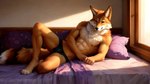abs anthro bed bedding bedroom bedroom_eyes black_nose bulge canid canine canis chest_tuft coyote fur furniture inside looking_at_viewer male mammal markings multicolored_body muscular muscular_anthro muscular_male narrowed_eyes nipples orange_eyes pecs realistic seductive smile smiley solo tail tan_body tan_fur tuft two_tone_body white_markings window