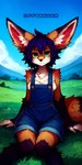 animal_ears anthro big_tail breasts clothing detailed_fur farm field fluffy fluffy_ears fluffy_tail fox_ears fur green_eyes hair huge_tail inner_ear_fluff medium_breasts overalls sitting tail thick_thighs tuft fftagger canid canine fennec fox mammal absurd_res detailed hi_res