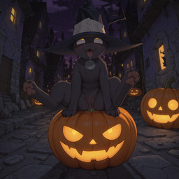 4_toes ahegao anal anal_masturbation anal_penetration anus black_body black_fur bodily_fluids claws clothing feet female feral food fruit fur genital_fluids genitals hat headgear headwear jack-o'-lantern looking_pleasured masturbation open_mouth outside pawpads penetration pink_pawpads plant pumpkin pussy pussy_juice sitting solo spread_legs spreading tears toes witch_hat yellow_eyes pixvul blair_(soul_eater) felid feline mammal hi_res