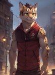 anthro clothing felid feline green_eyes hi_res hoodie leopard leopard_cat male mammal nekojishi night_sky orion_12 outdoors pantherine prionailurus solo topwear yan_shu_chi zipper