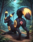 animal_genitalia animal_pussy anus ass_up butt canine_pussy detailed_background female feral forest genitals looking_at_viewer looking_back open_mouth outside plant presenting presenting_hindquarters pussy raised_tail rear_view solo tree unknown_director eeveelution generation_2_pokemon pokemon_(species) umbreon absurd_res hi_res