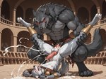 anal anal_penetration animal_genitalia anthro audience blush bodily_fluids canine_genitalia clothed clothing colosseum cum cum_in_ass cum_inflation cum_inside cum_on_body cum_splatter duo ejaculation excessive_cum excessive_genital_fluids genital_fluids genitals gladiator group holding_leg inflation knot lying male male/male muscular on_back on_ground open_mouth partially_clothed penetration public spread_legs spreading sweat torn_clothing warrior hanyutrans canid canine canis mammal werecanid werecanine werecreature werewolf wolf absurd_res hi_res