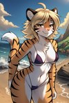 anontk anthro beach bikini black_stripes blonde_hair blush breasts chest_tuft clothed clothing cloud countershading detailed_background digital_media_(artwork) felid female fur hair hi_res ivy_(twokinds) looking_at_viewer mammal micro_bikini multicolored_body multicolored_fur navel nipple_outline orange_body orange_fur outside pantherine sand sea seaside skimpy sky smile solo striped_body striped_fur stripes swimwear tiger tuft twokinds under_boob water yellow_eyes