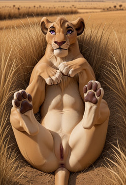 chest_tuft female feral genitals lying nude on_back outside pawpads paws photorealism presenting presenting_pussy purple_eyes pussy savanna solo tuft the_lion_king vitani_(the_lion_king) felid lion mammal pantherine hi_res