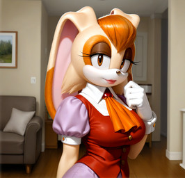 anthro big_breasts breasts clothed clothing dress female fully_clothed fur furniture gloves hair handwear inside living_room looking_at_viewer orange_body orange_eyeshadow orange_fur orange_hair slight_smile solo standing tan_body tan_fur white_body white_clothing white_fur white_gloves white_handwear jet-ax sega sonic_the_hedgehog_(series) vanilla_the_rabbit lagomorph leporid mammal rabbit