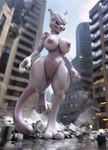 2_toes 3_fingers absurd_res anthro big_breasts breasts city city_background destruction feet female fingers generation_1_pokemon genitals glistening glistening_body glistening_skin grin hi_res humanoid legendary_pokemon long_tail macro mewtwo nipples pokemon_(species) purple_eyes pussy smile solo stablexai stomping toes