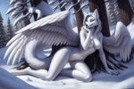 anthro arctic_fox breasts canid canine canineluvr19 feathered_wings feathers featureless_breasts featureless_crotch female fluffy fox fur hair hand_on_face hi_res kneeling long_hair mammal nude seductive slim smile smirk smirking_at_viewer snow solo solo_focus white_body white_fur wings