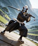 action_pose anthro asian_clothing black_body black_clothing boulder clothing day detailed_background east_asian_clothing fog footwear glare hair japanese_clothing katana kimono light looking_at_viewer male melee_weapon mountains plant pose river rock samurai sandals shadow solo stripes sunlight sunny sword tree valley warrior weapon white_hair white_stripes jackson_maxston_(director) mammal mephitid skunk hi_res