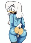 anatid anseriform anthro anus avian beak bird black_eyes bodysuit breasts butt clothing cloud9999 cosplay costume covering covering_crotch cybernetic_leg cybernetic_limb della_duck disney duck ducktales ducktales_(2017) eyebrows eyeliner female frown hair hi_res looking_at_viewer looking_back makeup motion_lines narrowed_eyes nipple_outline nipples non-mammal_breasts orange_legs pink_nipples portrait rear_view scut_tail shocked short_tail simple_background skinsuit solo three-quarter_portrait tight_clothing torn_clothing wardrobe_malfunction white_background white_body white_hair white_skin wide_eyed zero_suit