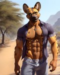 abs absurd_res anthro areola bottomwear bulge bumblebee95 clothed clothing detailed detailed_background detailed_fur hi_res hyaenid jewelry looking_at_viewer male mammal muscular necklace nipples open_clothing open_shirt open_topwear pants partially_clothed pecs realistic shirt solo standing topwear vein