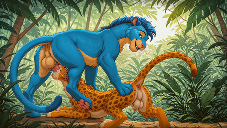 animal_genitalia animal_penis anus backsack balls blue_body blue_eyes blue_fur blue_hair bodily_fluids butt cum cum_in_mouth cum_inside duo erection feline_genitalia feline_penis fellatio feral feral_on_feral feral_penetrated feral_penetrating feral_penetrating_feral fur genital_fluids genitals hair hand_on_butt jungle leaking_cum looking_back male male/male male_penetrated male_penetrating markings multicolored_body multicolored_fur open_mouth oral oral_penetration outside pawpads penetration penile penis penis_in_mouth penis_tip perineum pink_nose pink_pawpads plant presenting quadruped raised_leg raised_tail servicing_from_below sex sheath spots spotted_body spotted_fur tree two_tone_body two_tone_fur yellow_body yellow_fur mzuri felid feline leopard lion mammal pantherine hi_res