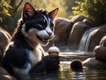 anthro black_body black_fur blue_body blue_fur blurred_background close-up countershading depth_of_field dessert food fur happy hot_spring ice_cream light male orange_eyes photorealism pupils sitting_in_water slit_pupils solo subsurface_scattering sunlight three-quarter_view water white_body white_fur uverage_(director) domestic_cat felid feline felis mammal hi_res