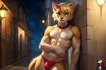 anthro athletic athletic_anthro athletic_male blonde_hair clothing collar fur hair leaning_on_wall male night outside red_clothing red_collar solo solo_focus thong underwear yellow_body yellow_fur rxmurloc felid feline mammal hi_res