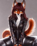 anthro canid canine clothing female fox jacket leather leather_clothing leather_jacket leather_topwear mammal model:yiffy-e18 modelhash:50ad914b sitting solo topwear yiffye18