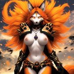 anthro armor black_nose breasts canid canine clothing collar female fox fur hair icefoxai jewelry long_hair mammal necklace nipples orange_body orange_eyes orange_fur orange_hair seductive shoulder_pads solo underwear white_body