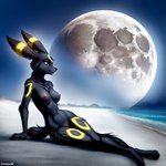 anthro beach black_body black_fur breasts chest_tuft eeveelution female full_moon fur generation_2_pokemon genitals leaning leaning_back mammal moon night nipples nude outside pokemon_(species) pussy seaside sitting_on_ground smile solo theunamusedfox tuft umbreon yellow_body yellow_fur